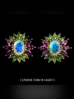 Natural Fire Opal, Garnet & Chrome Diopside Stud Earrings 925 Sterling Silver